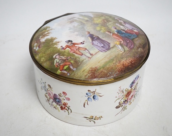 A French 19th century enamel on copper trinket box, 16cm diameter. Condition - poor to fair